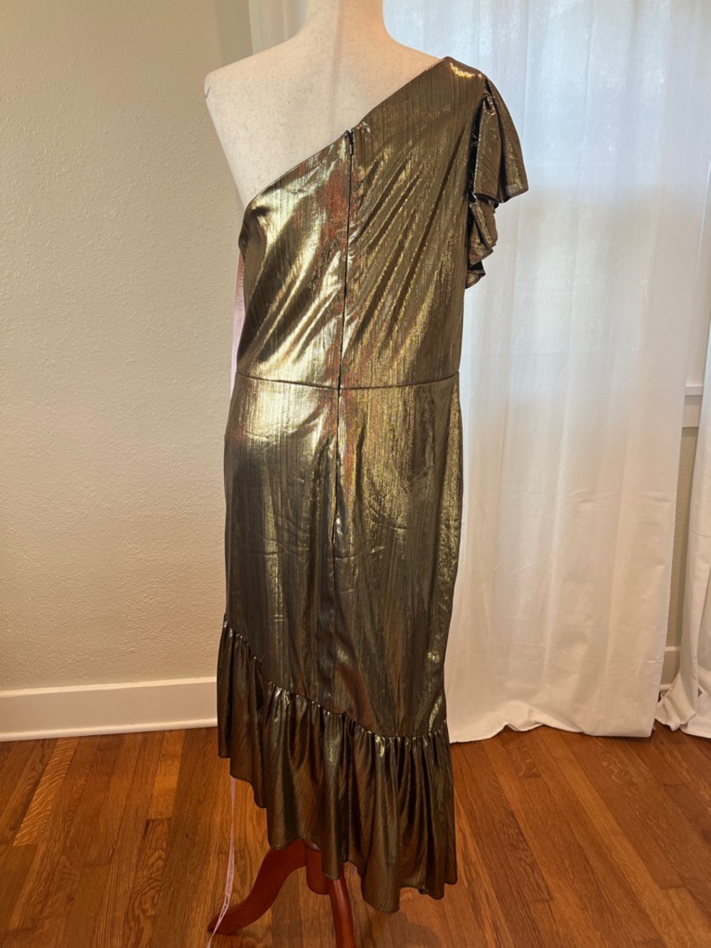 Mac Duggal 27075 Metallic Gold One-Shoulder Asymmetrical Dress. Sz L. NWT - Picture 8 of 16